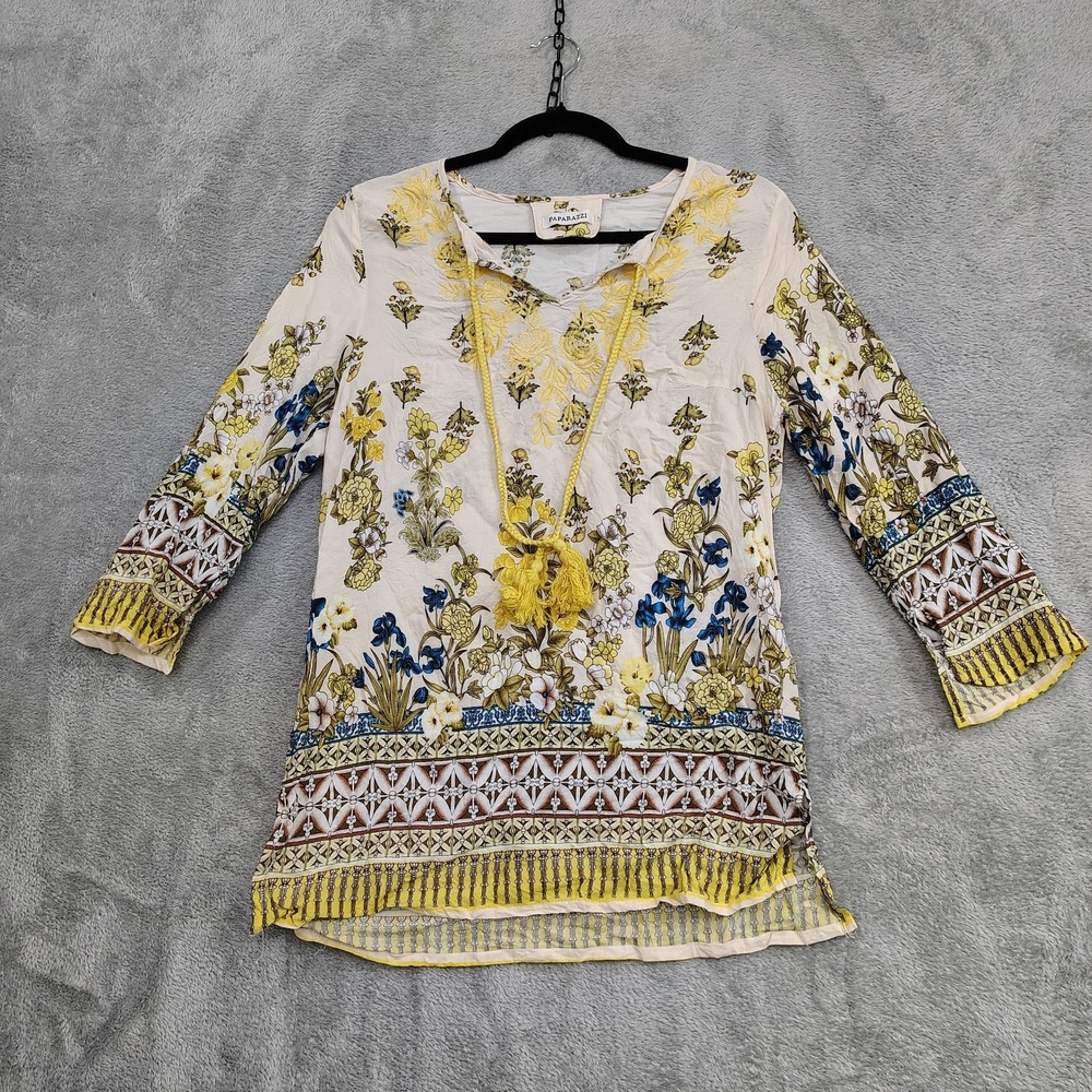 Paparazzi Tunic Top Womens M Yellow Floral Embroidery Peasant Tassels Boho